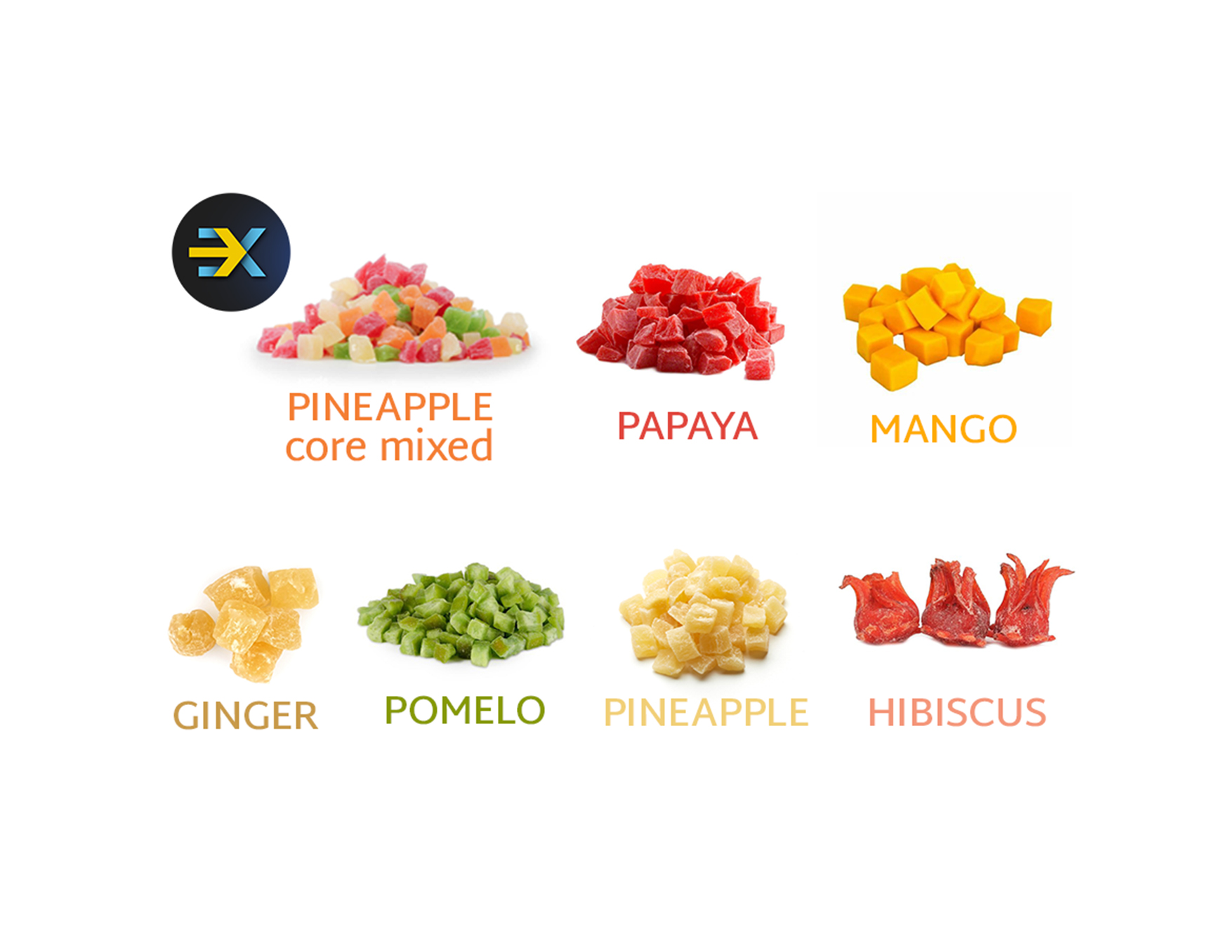 Dehydrated Fruits - Fresh Premium Momex - A natural, flavorful selection of dried pineapple, papaya, mango, hibiscus, ginger, and pomelo.